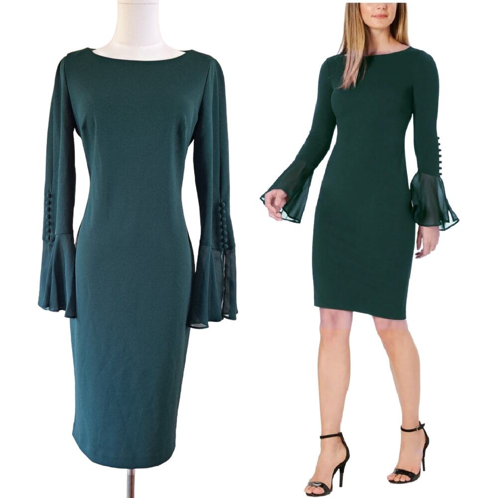 CALVIN KLEIN Green Sheath Dress Size 6 Long Chiffon Bell Sleeve Work Party